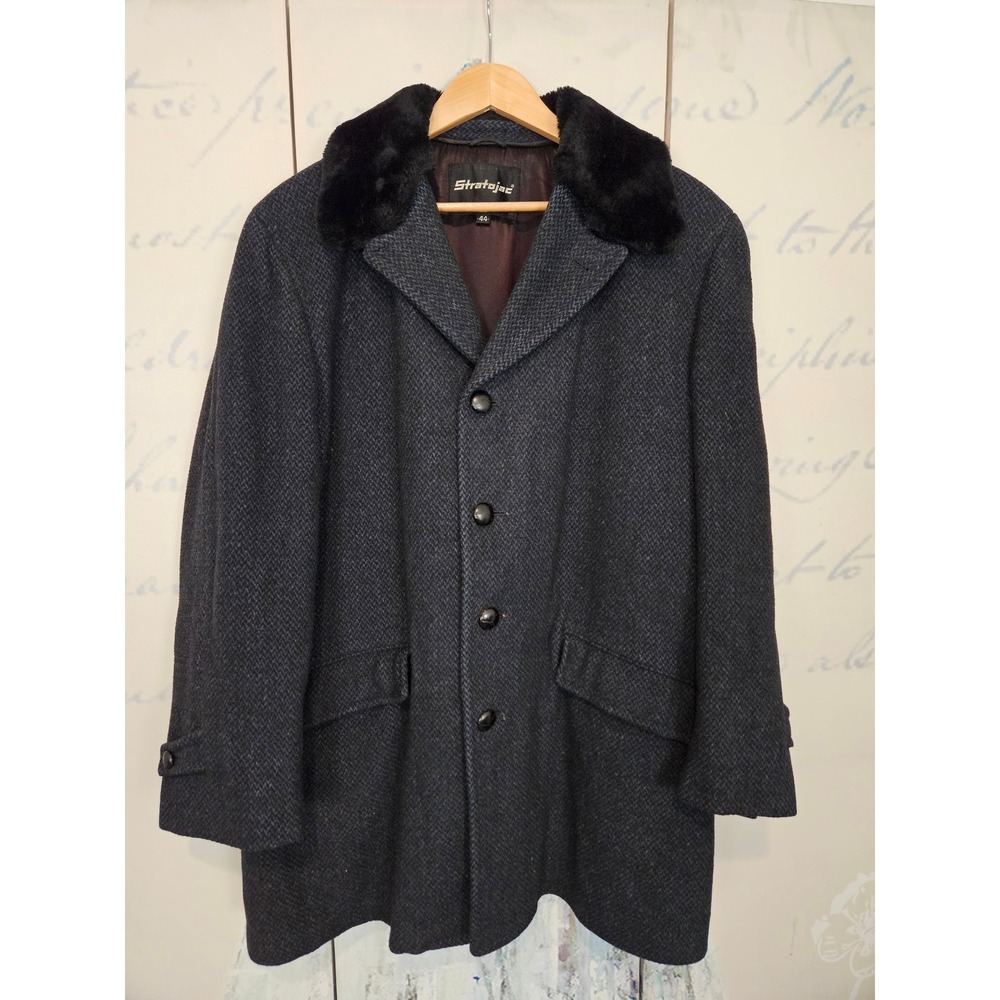 Vintage Stratojac Men 44 Herringbone Wool Overcoat Faux Fur Collar Grey Blue USA
